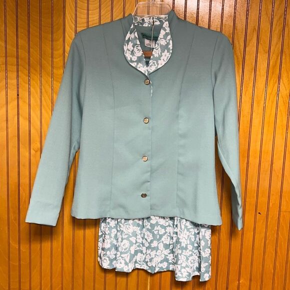 Vintage EUC Sara Morgan 14P 2piece Skirt Suit green and White - Picture 1 of 7